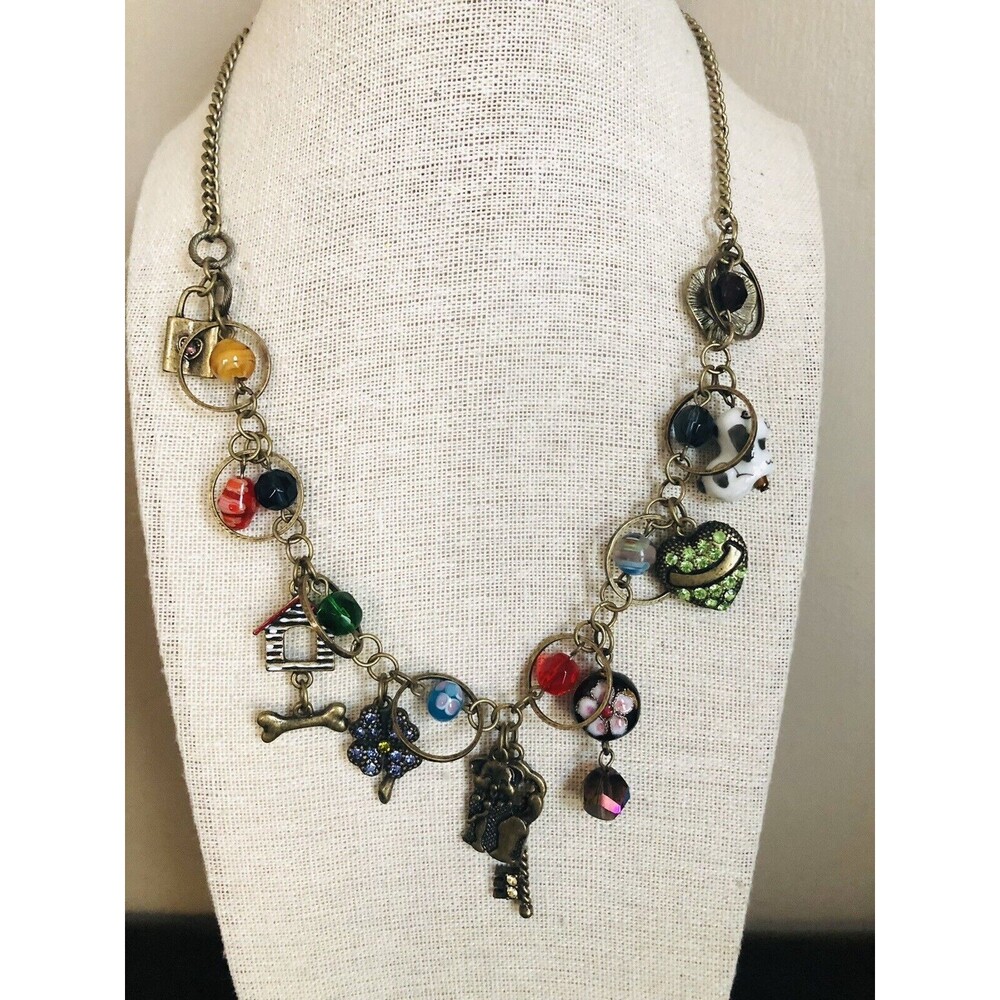 Napier Dog Themed Charm Necklace~Signed~Glass/Cloisonné/Millefiore Type Beads